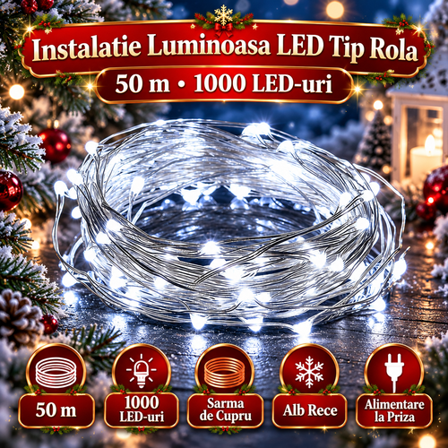 Instalatie Luminoasa LED Tip Rola, 50 m, 1000 LED-uri, Sarma de Cupru, Lumina Alb Rece, Alimentare la Priza