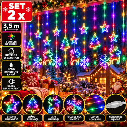 Set 2 x Instalatii de Craciun Tip Perdea, 3,5 m, Stelute, Braduti si Reni, Multicolor, 8 Jocuri de Lumini