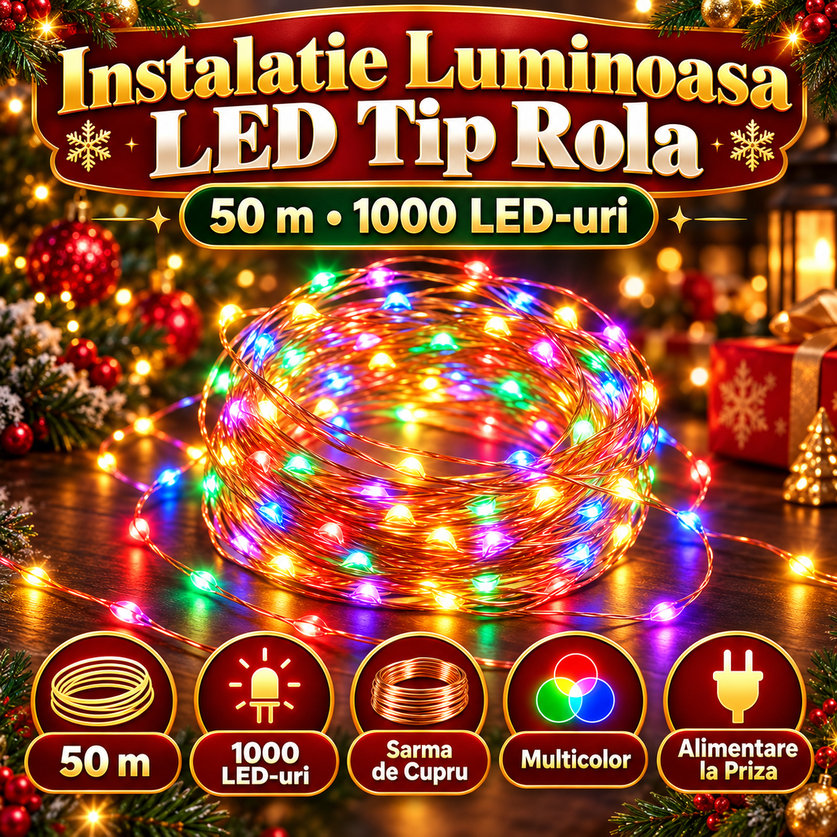 Instalatie Luminoasa LED Tip Rola, 50 m, 1000 LED-uri, Sarma de Cupru, Multicolor, Alimentare la Priza