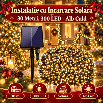 Instalatie cu Incarcare Solara, 30 Metri, 300 LED - Alb Cald