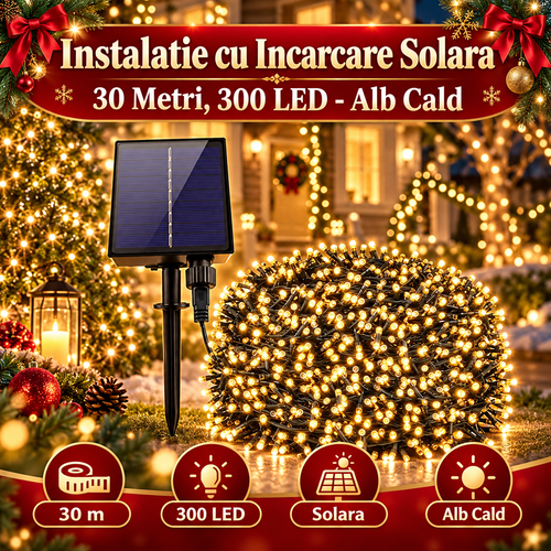 Instalatie cu Incarcare Solara, 30 Metri, 300 LED - Alb Cald