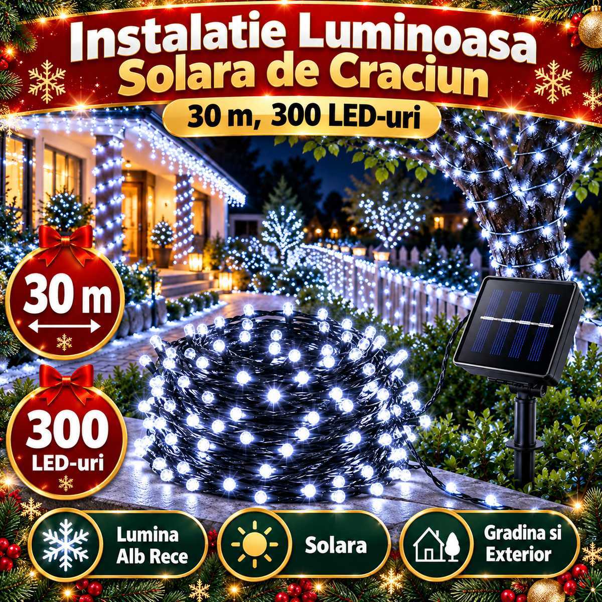 Instalatie Luminoasa Solara de Craciun, 30 m, 300 LED-uri, Lumina Alb Rece, Gradina si Exterior