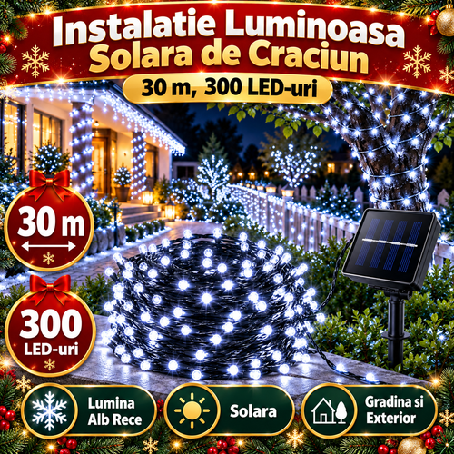 Instalatie Luminoasa Solara de Craciun, 30 m, 300 LED-uri, Lumina Alb Rece, Gradina si Exterior