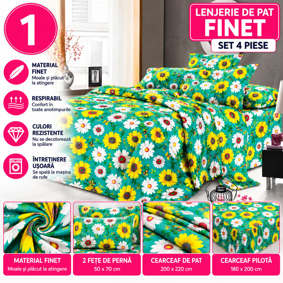 Lenjerie de Pat Finet, Set 4 Piese, Material Moale, Diverse Modele si Culori - 1