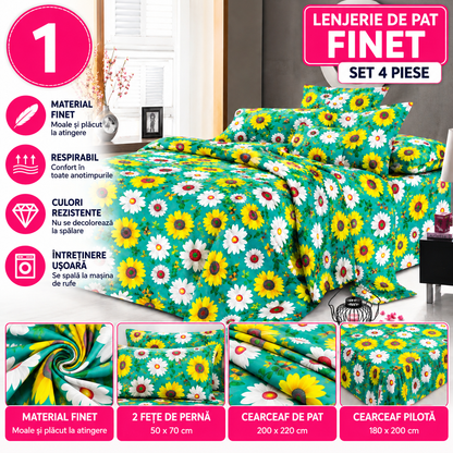 Lenjerie de Pat Finet, Set 4 Piese, Material Moale, Diverse Modele si Culori - 1