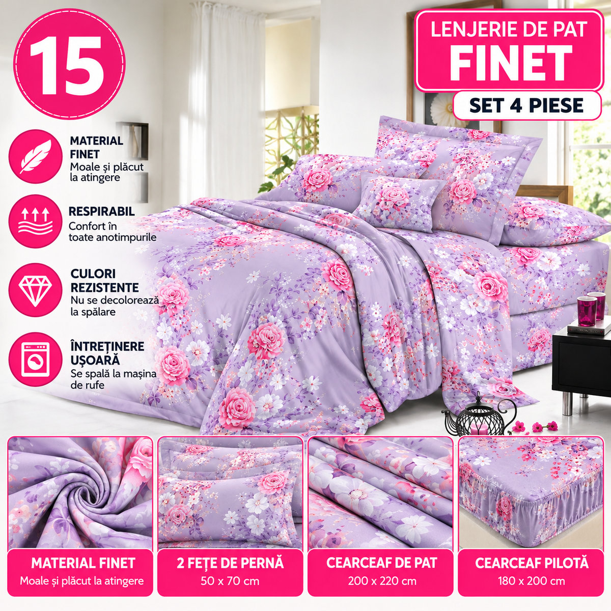 Lenjerie de Pat Finet, Set 4 Piese, Material Moale, Diverse Modele si Culori - 15