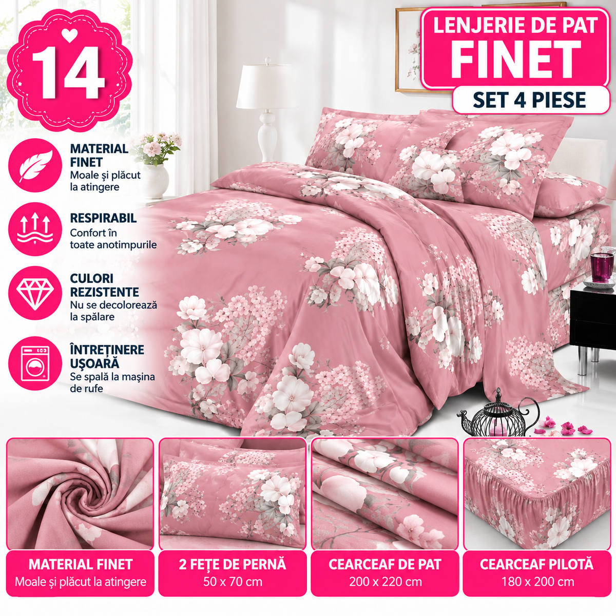 Lenjerie de Pat Finet, Set 4 Piese, Material Moale, Diverse Modele si Culori - 14