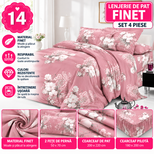 Lenjerie de Pat Finet, Set 4 Piese, Material Moale, Diverse Modele si Culori - 14