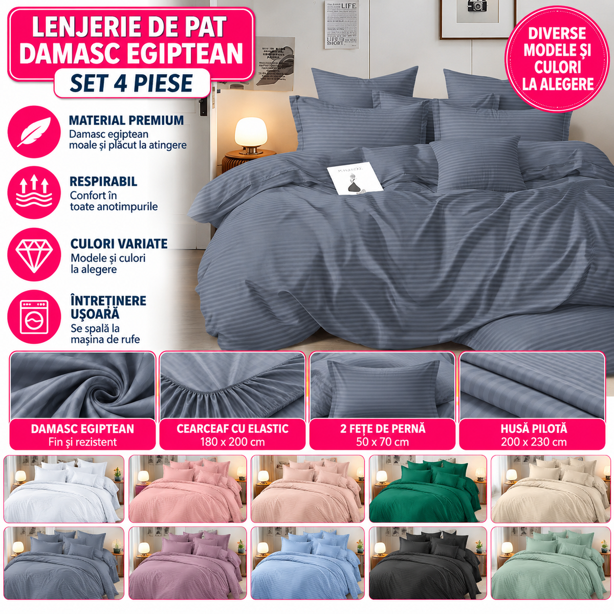 Set Lenjerie Pat Dublu 4 Piese Damasc Egiptean, Cearceaf cu Elastic 180x200, Husa Pilota 200x230, Material Fin si Rezistent pentru Confort Premium, Diverse Culori