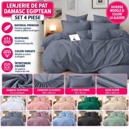 Set Lenjerie Pat Dublu 4 Piese Damasc Egiptean, Cearceaf cu Elastic 180x200, Husa Pilota 200x230, Material Fin si Rezistent pentru Confort Premium, Diverse Culori