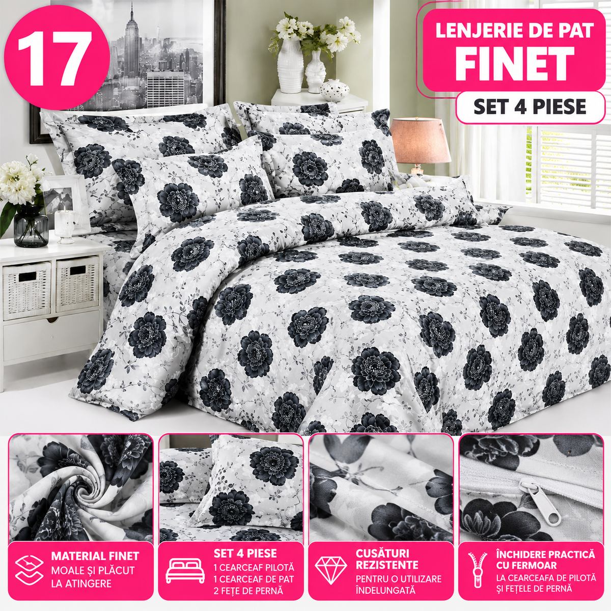 Lenjerie de Pat Finet, Set 4 Piese, Material Moale, Diverse Modele si Culori - 17