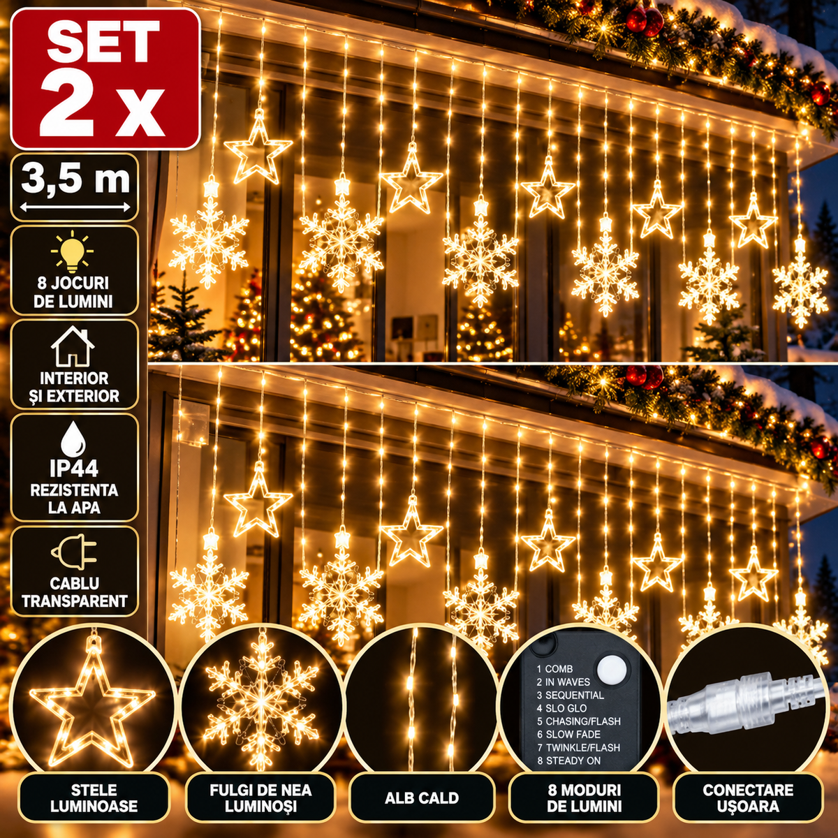 Set 2 x Instalatii de Craciun Tip Perdea, 3,5 m, Fulgi si Stele, Alb Cald, 8 Jocuri de Lumini