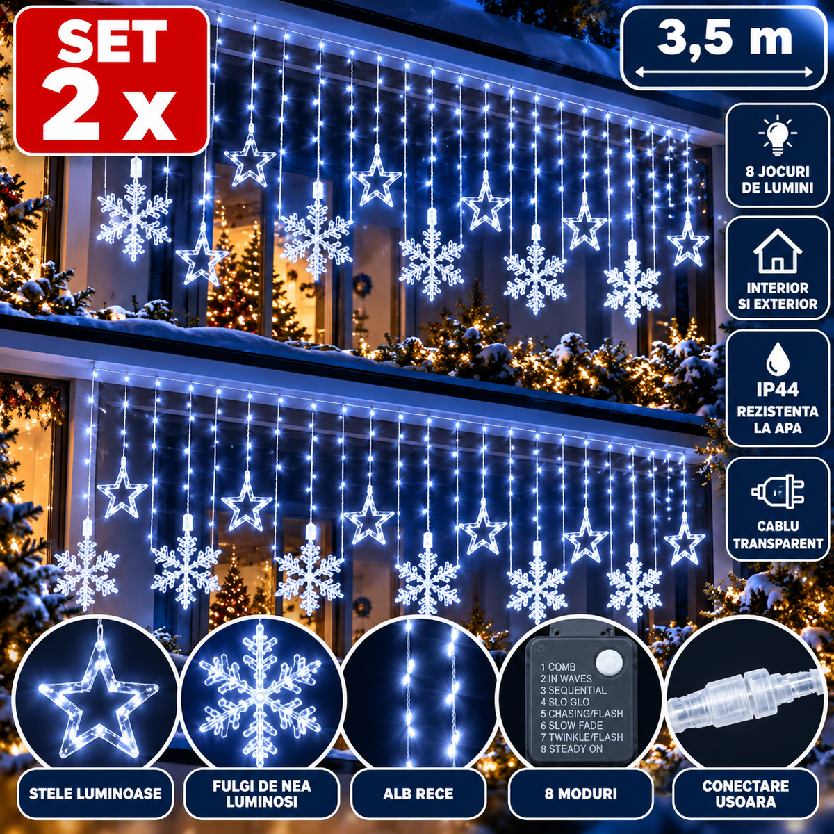 Set 2 x Instalatii de Craciun Tip Perdea, 3,5 m, Fulgi si Stele, Alb Rece, 8 Jocuri de Lumini