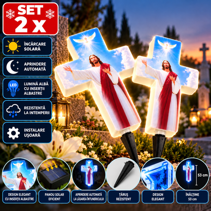 Set 2 x Lampa Solara LED Cruce pentru Mormant, 53 cm, Insertii Albastre, Aprindere Automata