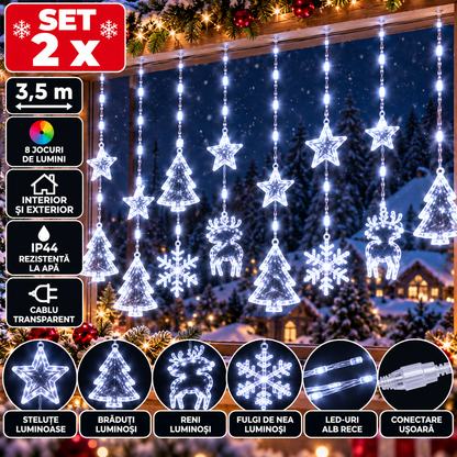 Set 2 x Instalatii de Craciun Tip Perdea, 3,5 m, Stelute, Braduti si Reni, Alb Rece, 8 Jocuri de Lumini