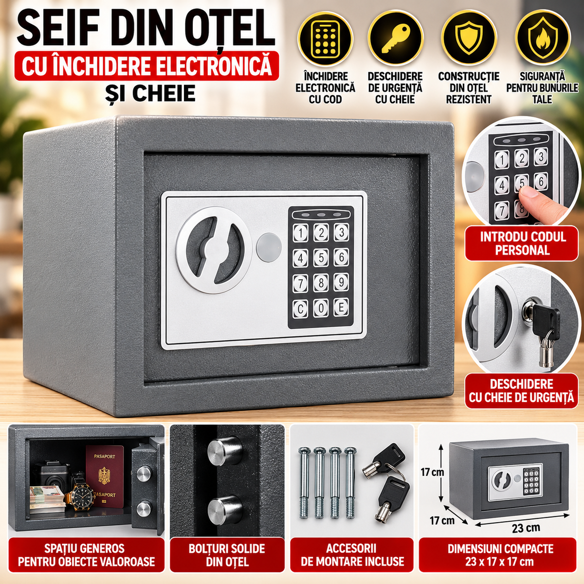 Seif din otel cu inchidere electronica si cheie