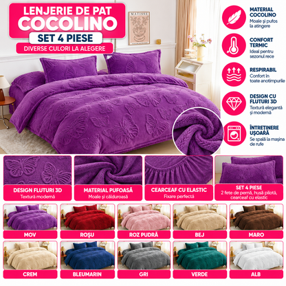 Lenjerie Cocolino 4 Piese cu Fluturi 3D – Moale, Pufoasa si Calduroasa, Ideala Pentru Sezonul Rece, Diverse Culori