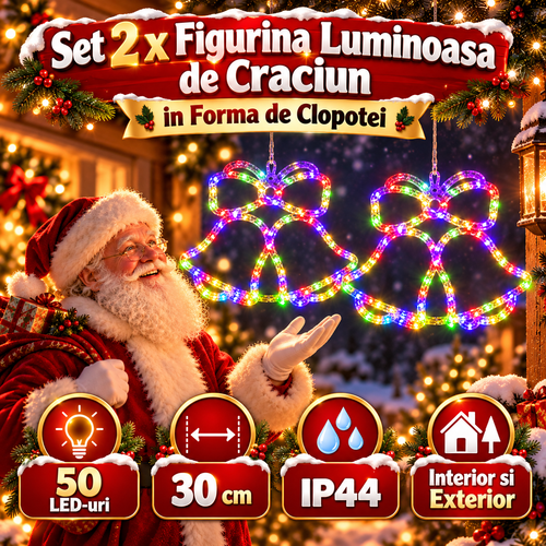 Set 2 x Figurina Luminoasa de Craciun in Forma de Clopotei, 50 LED-uri, 30 cm, IP44, Interior si Exterior