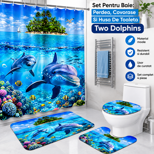 Set Pentru Baie: Perdea, Covorase Si Husa De Toaleta - Two Dolphins