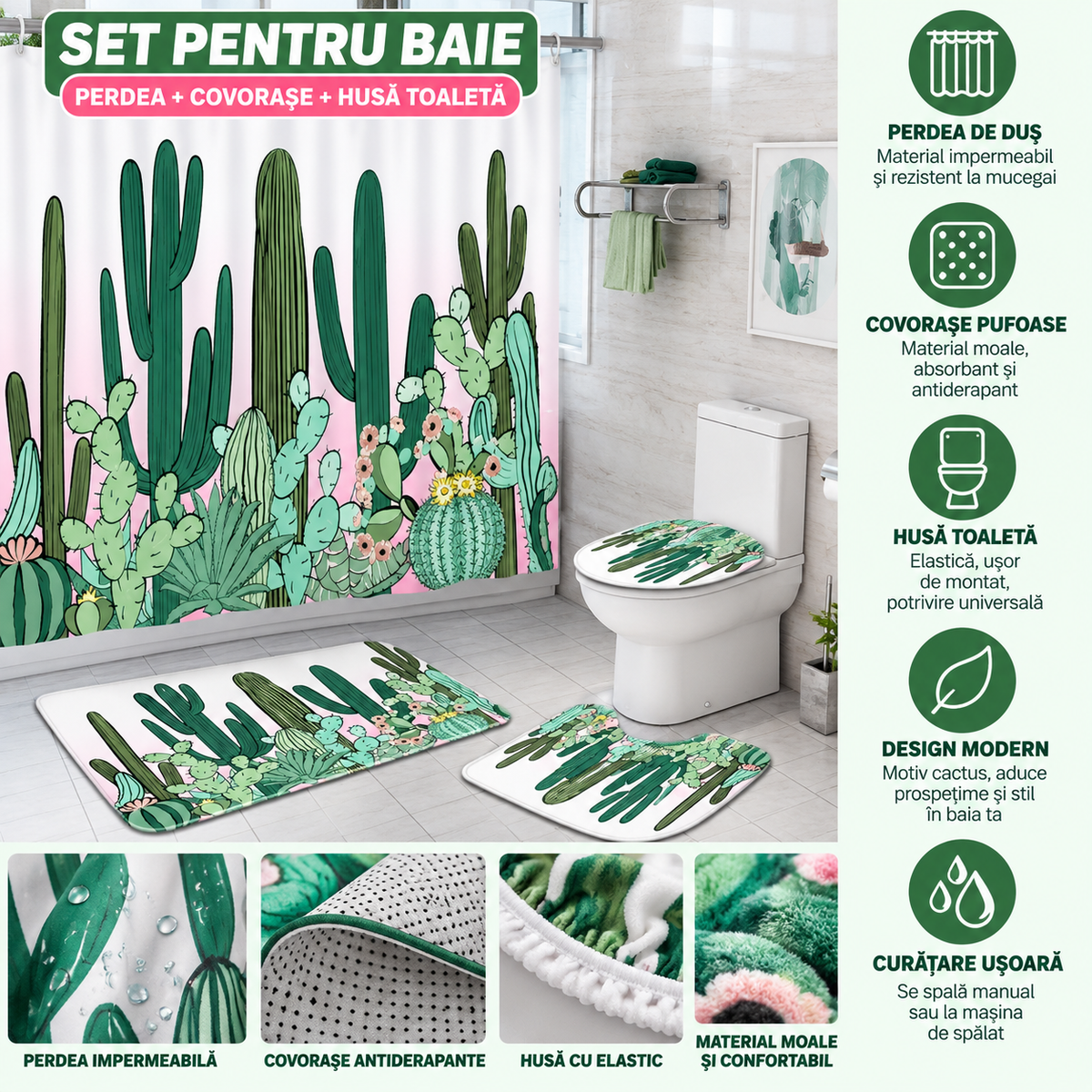 Set Pentru Baie: Perdea, Covorase Si Husa De Toaleta - Cactus Plant