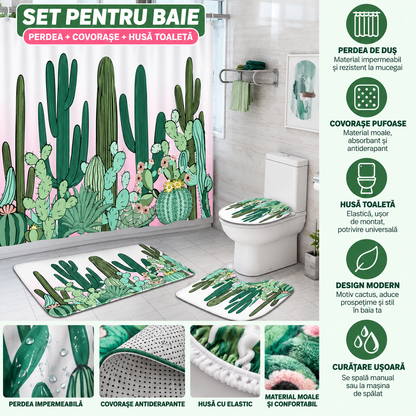 Set Pentru Baie: Perdea, Covorase Si Husa De Toaleta - Cactus Plant