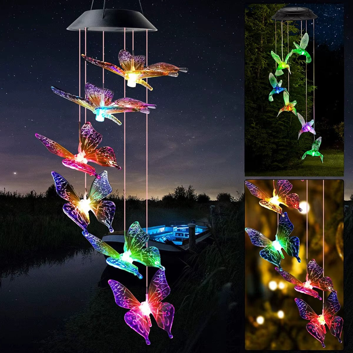 Lampa Solara Suspendata cu Fluturi LED Multicolor – Decoratiune Gradina si Terasa, Efect Luminos RGB, Incarcare Solara Automata
