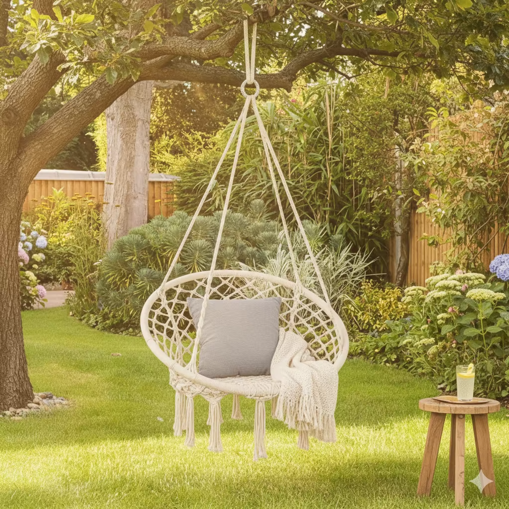 Scaun Suspendat Rotund Tip Hamac 80 cm cu Franjuri – Ideal pentru Balcon, Gradina, Foisor si Zona de Relaxare