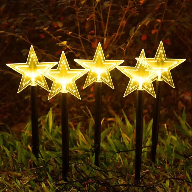 Set 5 x Decoratiune Solara Luminoasa Stea LED pentru Gradina - Iluminat Festiv Exterior Alb Cald