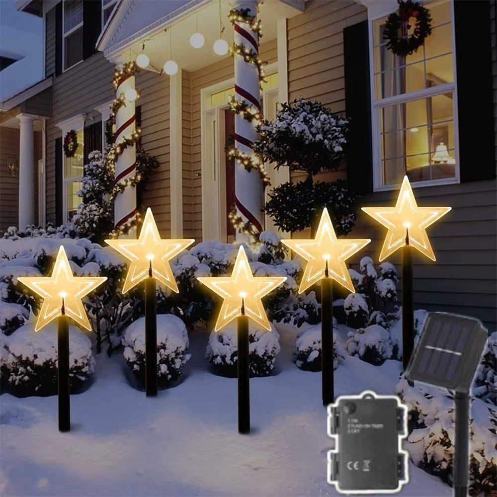 Set 5 x Decoratiune Solara Luminoasa Stea LED pentru Gradina - Iluminat Festiv Exterior Alb Cald