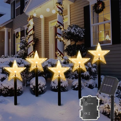Set 5 x Decoratiune Solara Luminoasa Stea LED pentru Gradina - Iluminat Festiv Exterior Alb Cald