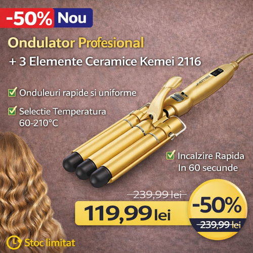 Ondulator profesional cu 3 elemente ceramice, Kemei