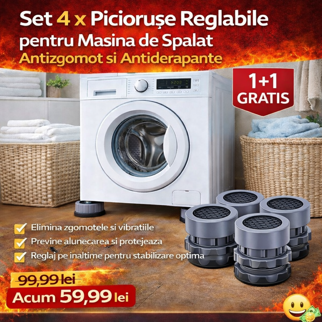 Set 4 x Picioruse Reglabile Pentru Masina de Spalat, Anti-zgomot si Antiderapante