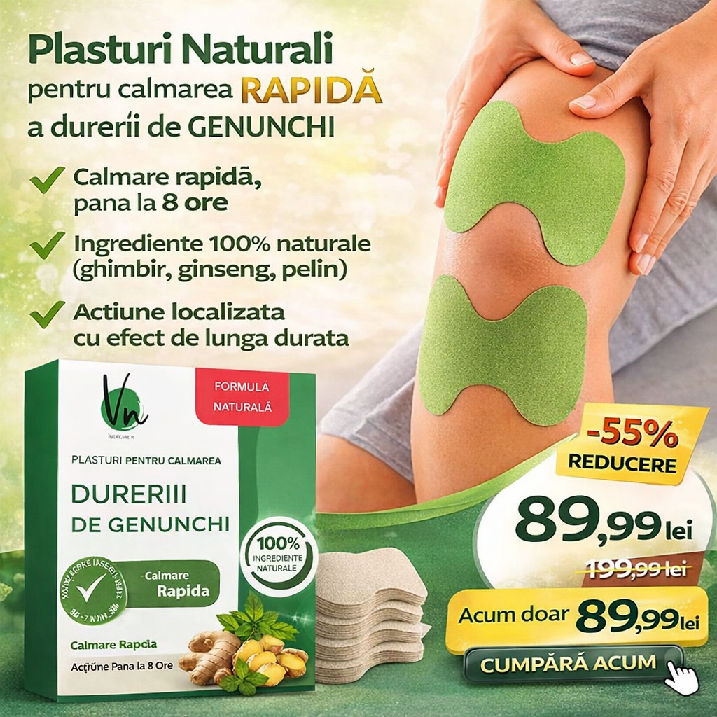 Set 100 Plasturi pentru Genunchi, Formula Naturala cu Plante Medicinale, Calmare Rapida a Durerii Articulare
