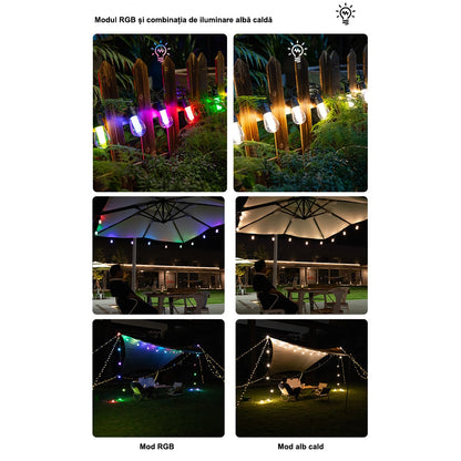 Ghirlanda Solara LED 10 Metri Premium – Iluminare RGB Color si Alb Cald cu Telecomanda pentru Gradina si Terasa