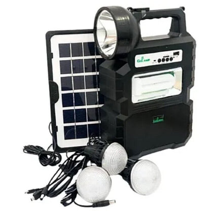 Kit Panou Solar Portabil CL-810 cu 3 Becuri LED, Acumulator Incorporat, Lampa Frontala Puternica, Sistem Iluminat Camping si Urgenta
