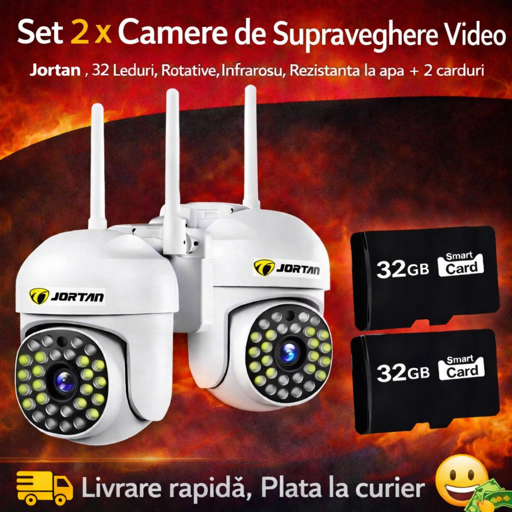 Set 2x Camere Supraveghere Video Jortan JT-8161, Detectie Umana, Full HD, WiFi, Exterior + 2x Card 32GB