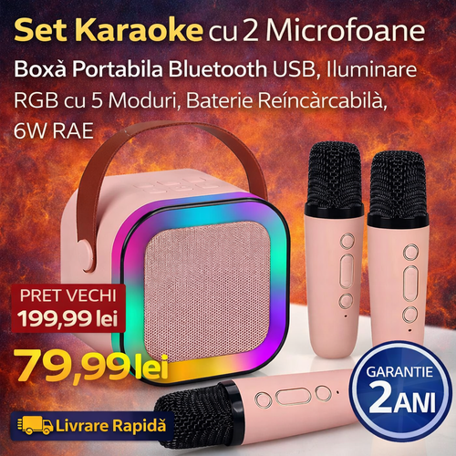 Set Karaoke cu 2 Microfoane, Boxa Portabila Bluetooth USB, Iluminare RGB cu 5 Moduri, Baterie Reincarcabila, 6W RAE