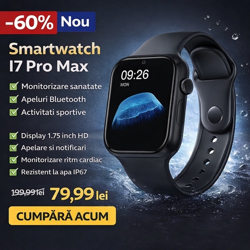 Ceas Inteligent i7 Pro Max, Ecran 1.75”, Apeluri Bluetooth, Monitorizare Sanatate, Rezistent la Apa