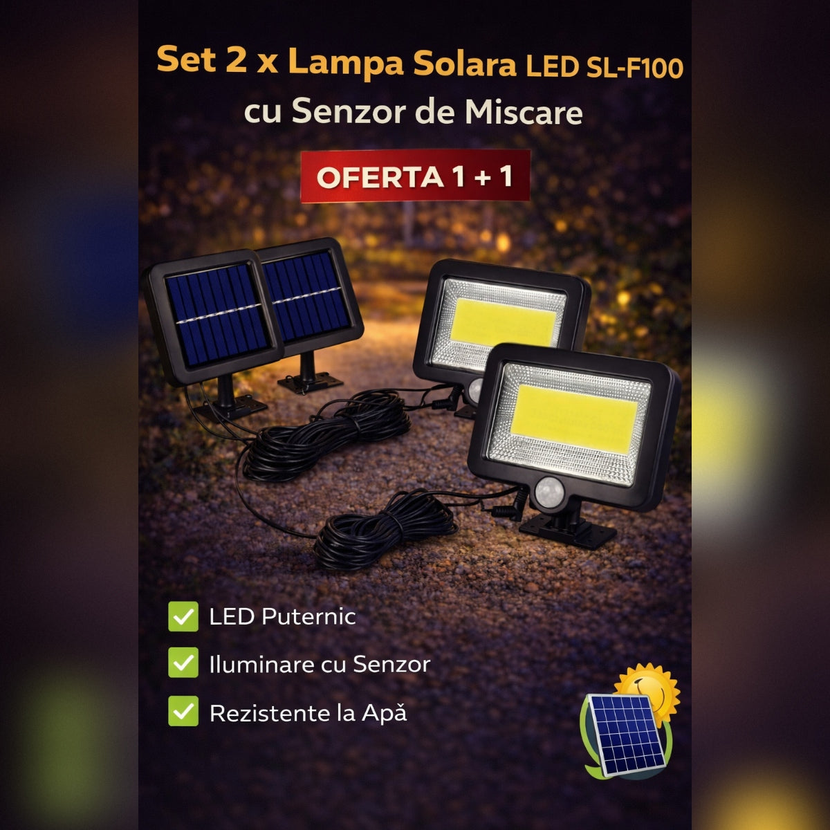 Set 2 x Lampa Solara LED SL-F100 cu Senzor de Miscare – Proiector Exterior cu Panou Solar, Iluminare Curte si Gradina