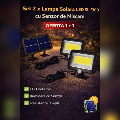 Set 2 x Lampa Solara LED SL-F100 cu Senzor de Miscare – Proiector Exterior cu Panou Solar, Iluminare Curte si Gradina
