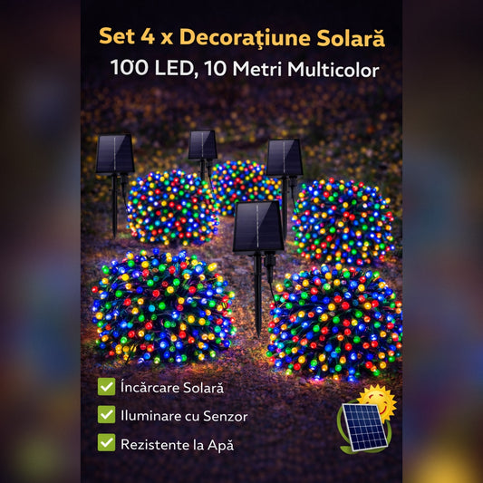 Set 4 x  Ghirlanda Solara 100 LED, 10 Metri Multicolor – Iluminat Decorativ Exterior cu Panou Solar, Rezistente la Intemperii