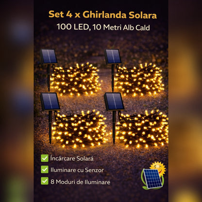 Set 4 x  Ghirlanda Solara 100 LED, 10 Metri Alb Cald– Iluminat Decorativ Exterior cu Panou Solar, Rezistente la Intemperii
