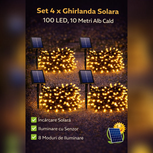 Set 4 x  Ghirlanda Solara 100 LED, 10 Metri Alb Cald– Iluminat Decorativ Exterior cu Panou Solar, Rezistente la Intemperii