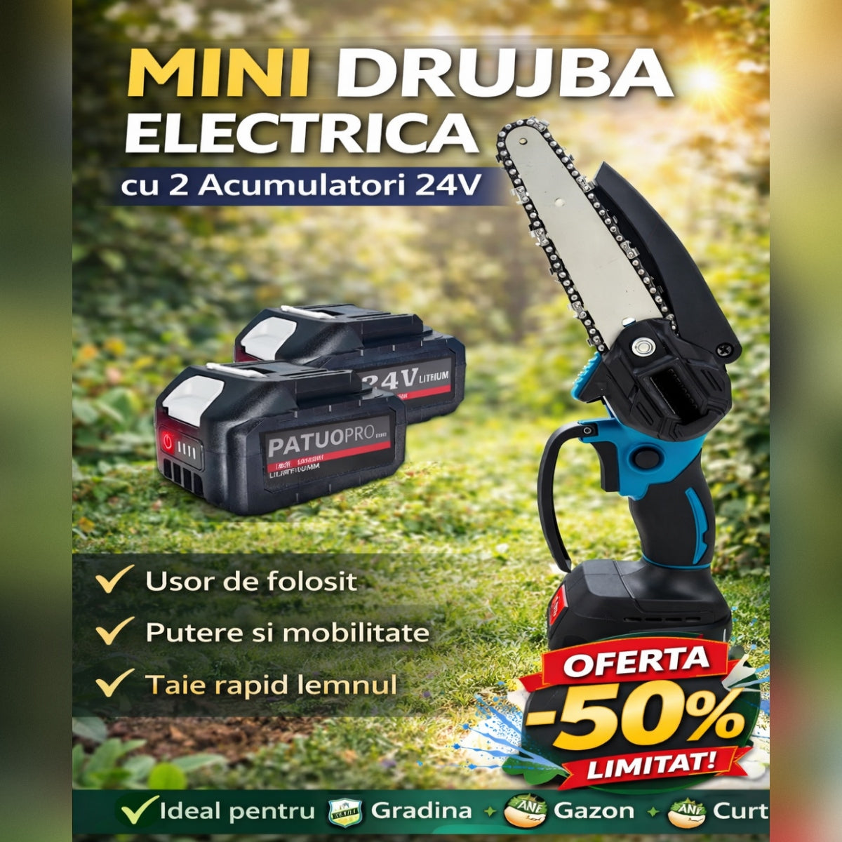 Mini Drujba Electrica cu 2 Acumulatori 24V – Fierastrau Electric Portabil pentru Taiat Lemn si Crengi