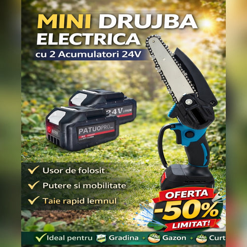 Mini Drujba Electrica cu 2 Acumulatori 24V – Fierastrau Electric Portabil pentru Taiat Lemn si Crengi