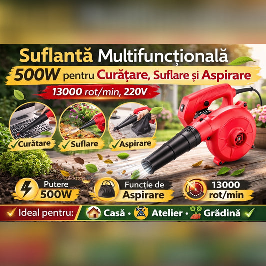 Suflanta Multifunctionala 500W pentru Curatare, Suflare si Aspirare, 13000 rot/min, 220V