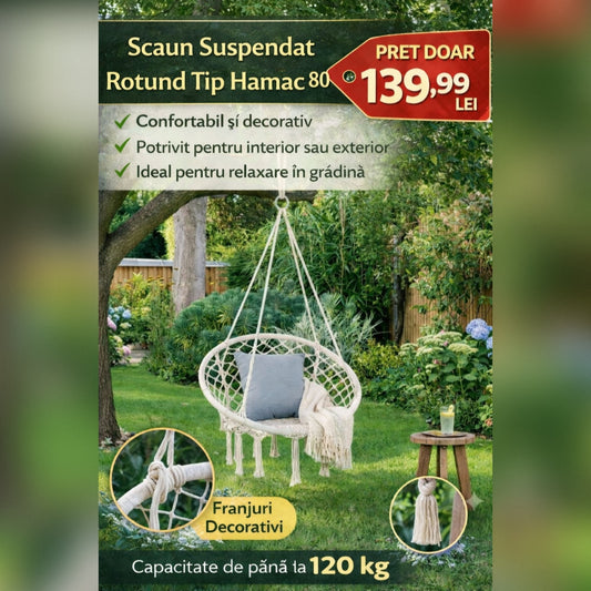 Scaun Suspendat Rotund Tip Hamac 80 cm cu Franjuri – Ideal pentru Balcon, Gradina, Foisor si Zona de Relaxare