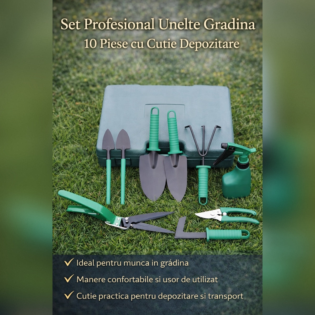 Set Profesional Unelte Gradina 10 Piese cu Cutie Depozitare – Kit Complet pentru Plantare, Tuns si Intretinere Gradina