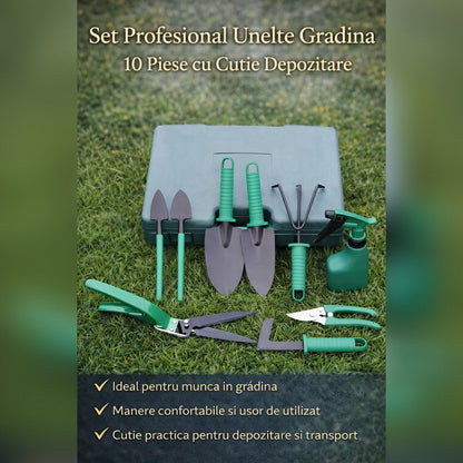 Set Profesional Unelte Gradina 10 Piese cu Cutie Depozitare – Kit Complet pentru Plantare, Tuns si Intretinere Gradina