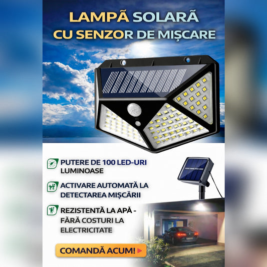 Lampa Solara cu Senzor de Miscare, 100 LED, Iluminare 3 Laturi, IP65 pentru Exterior